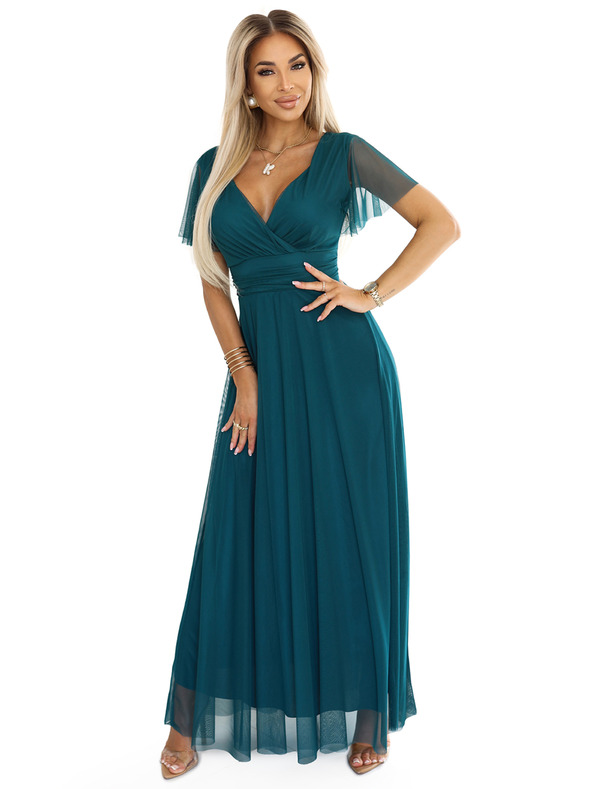 numoco 562-4 NASTIA Дълга рокля с деколте и къс ръкав - зелена