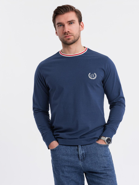 Ombre Clothing Мъжка памучна тениска с дълъг ръкав, U-образно райе деколте и бродерия Ombre Clothing