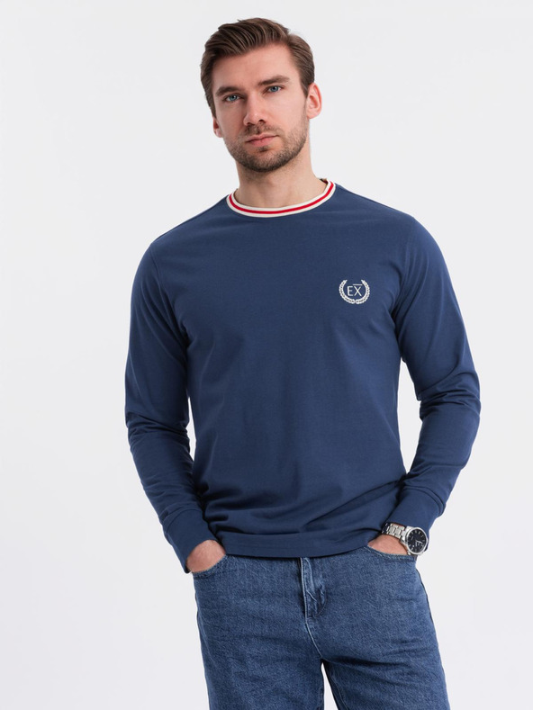 Ombre Clothing Мъжка памучна тениска с дълъг ръкав, U-образно райе деколте и бродерия Ombre Clothing