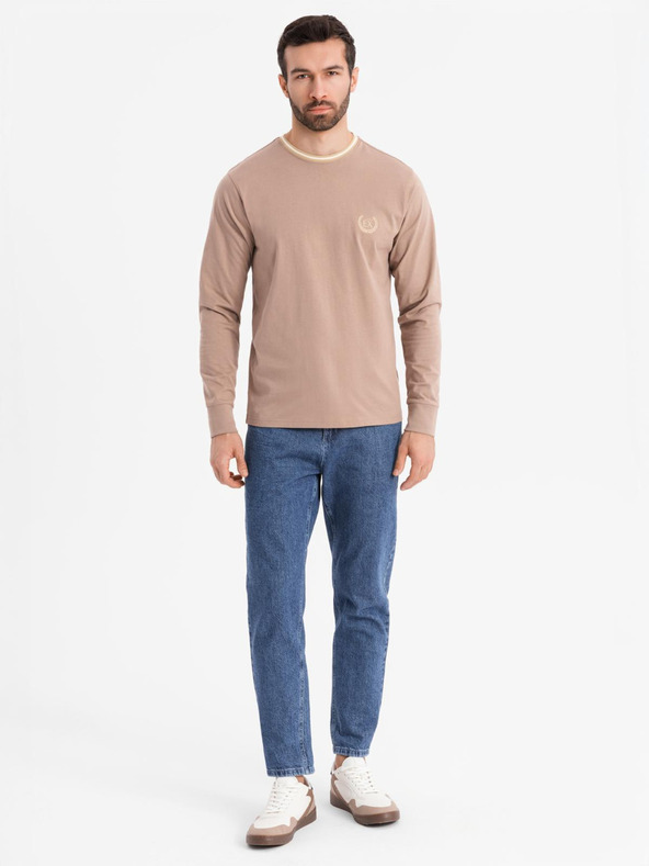 Ombre Clothing Мъжка памучна тениска с дълъг ръкав, U-образно райе деколте и бродерия Ombre Clothing