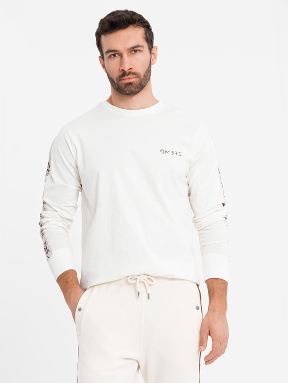 Ombre Clothing Мъжка памучна тениска с дълъг ръкав, с кант и принт на гърдите Ombre Clothing
