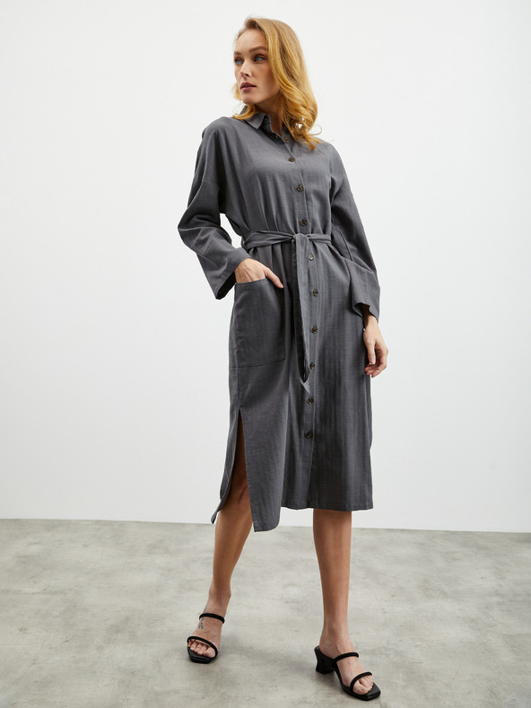 ZOOT.lab Тъмно сива дамска рокля с ленена риза ZOOT.lab Darsha